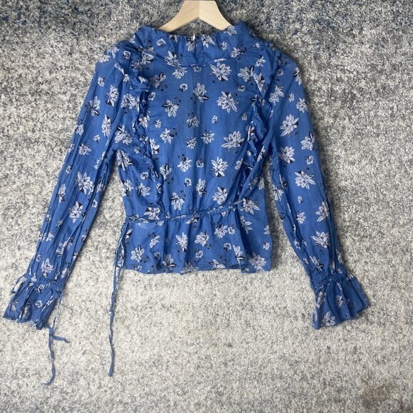 Free People Shirt Womens Small Blue Floral Long Sleeve Ruffle Wrap Boho Cotton - Picture 7 of 7